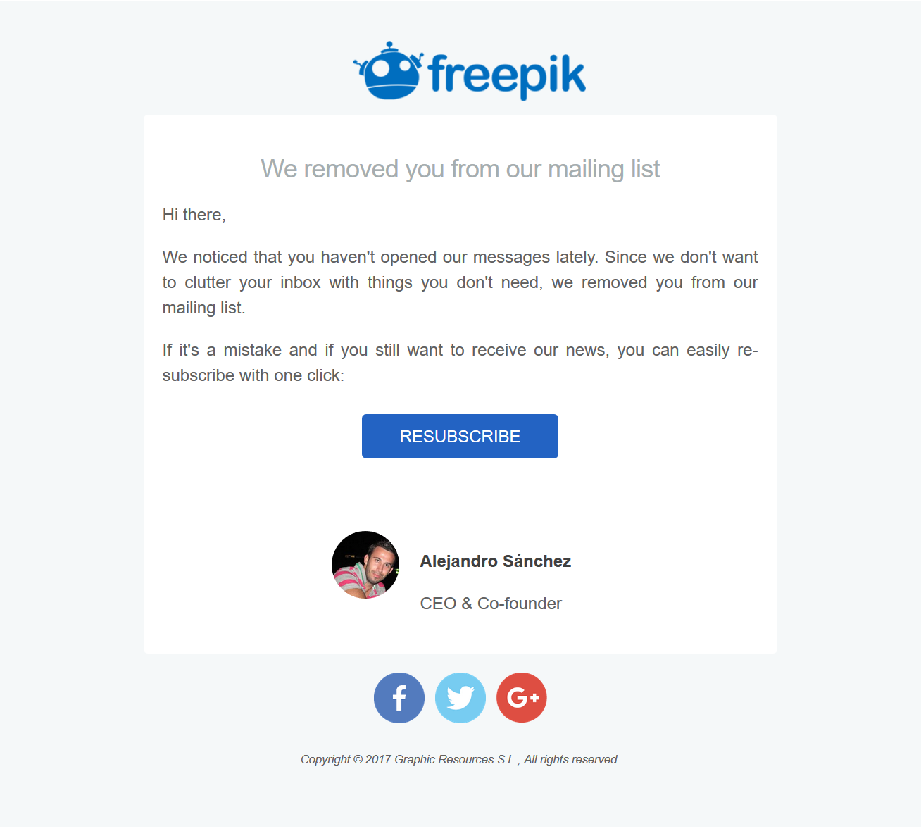 Email from freepik telling me I have been unsubscribed because I did not read their emails