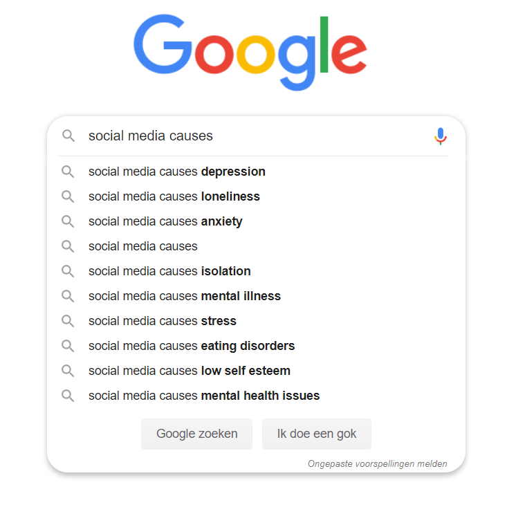 Search results when searching for 'social media causes' with Google